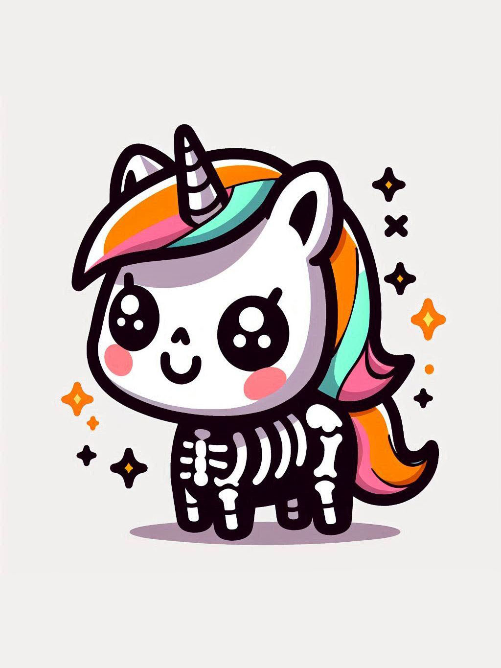 Halloween unicorn illustration ideas featuring a cute unicorn in a skeleton costume with a colorful mane and sparkles around it.